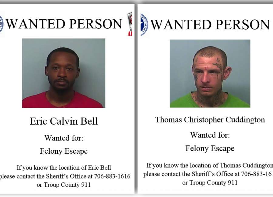 Two inmates on the run after escaping Troup County Jail